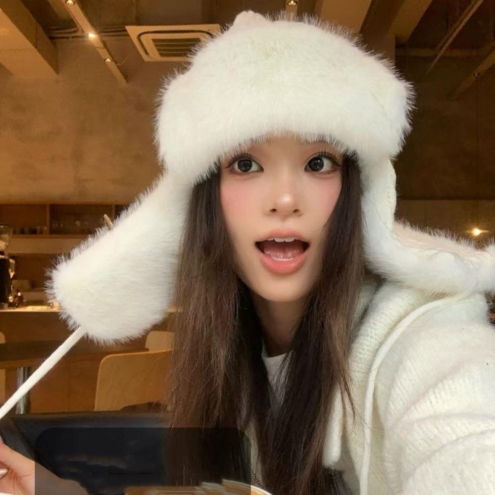 Y2K Winter Knitted Beanies Cap Fashion Plush Knitted Thickened Snow Skiing Hat Outdoor Windproof Warm Ear Protection Hat Women