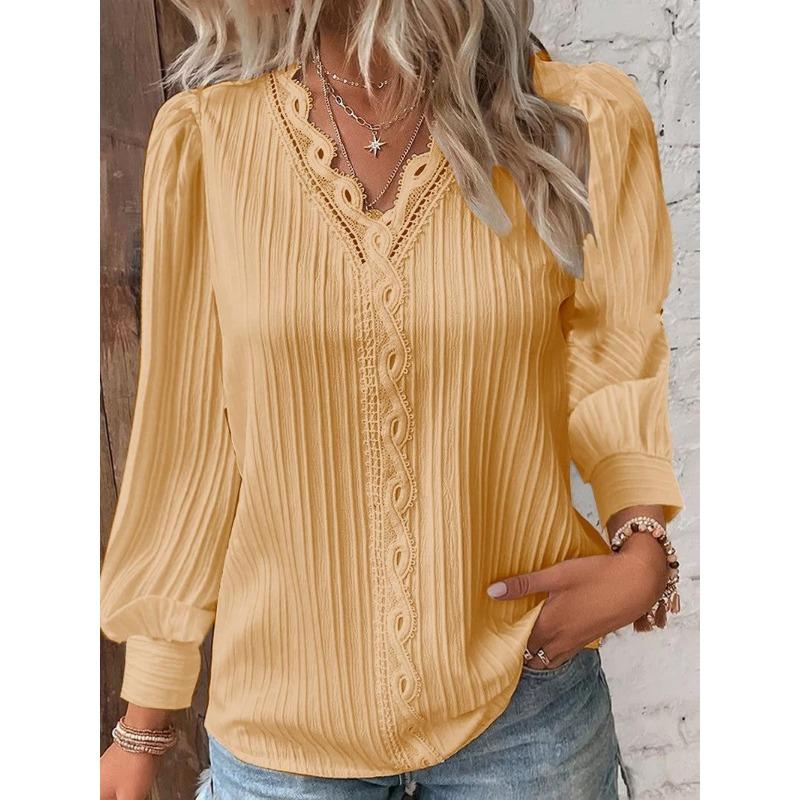 Independent station wish autumn long-sleeved V-neck lace splicing shirt blouse women s clothing S жёлтый