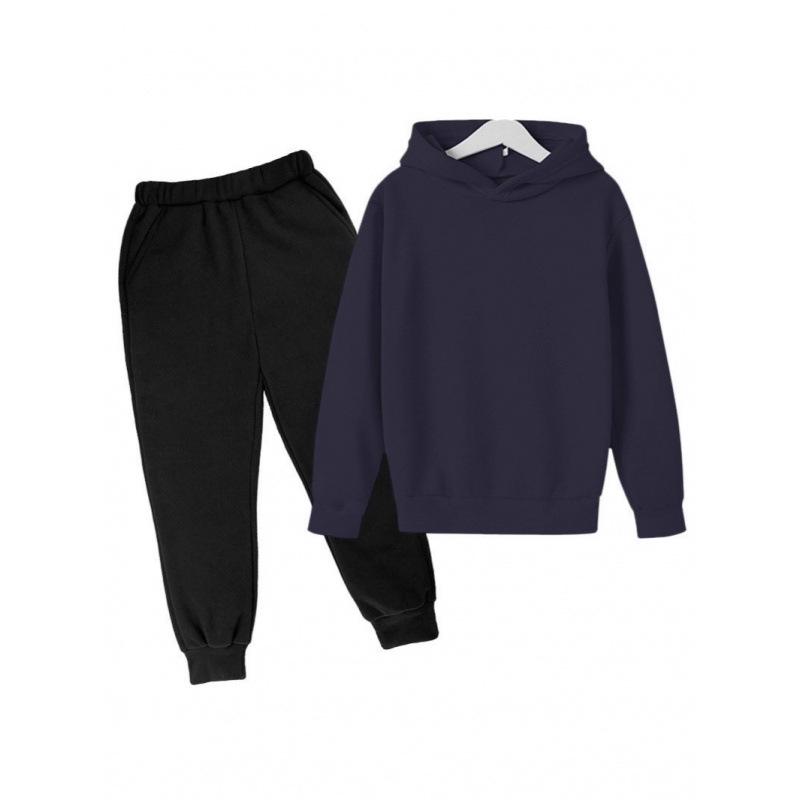 2025 Autumn Fleece-lined Kids' Solid Color Hoodie Set with Logo