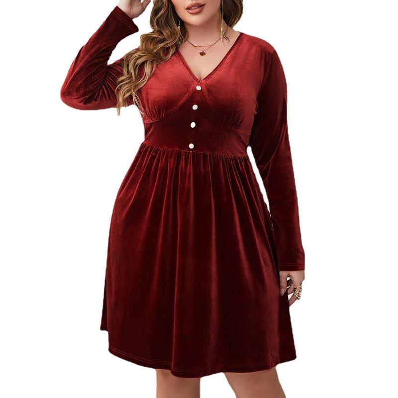 New Women’s V-neck Long Sleeve Red Dress High Waist Slim Comfortable Breathable Dress Casual Fashion Plus Size Mid Party Dress