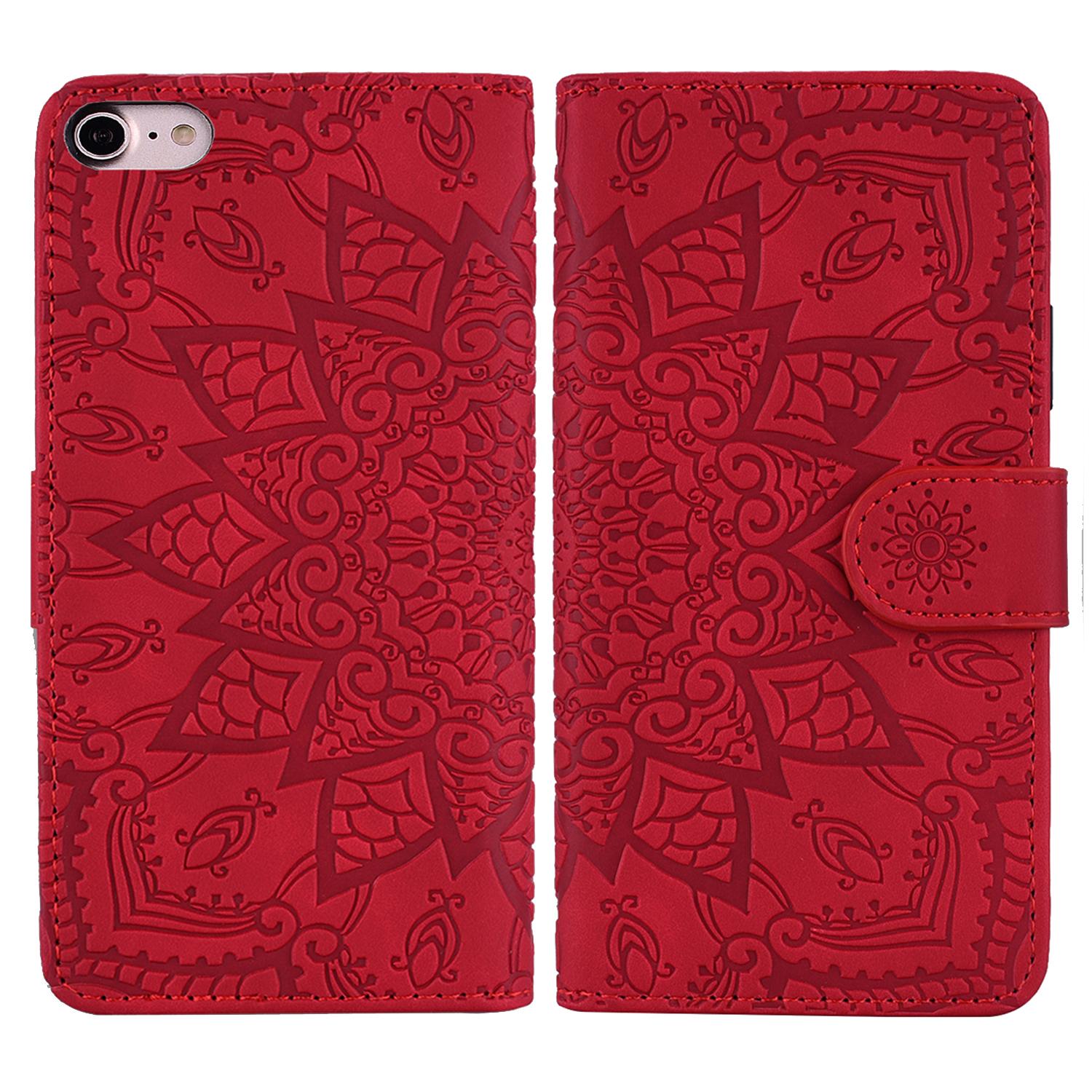

For iPhone 16e Case PU Leather Wallet Flip Phone Cover Flower Imprinted Red