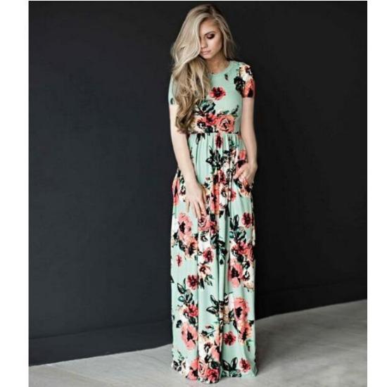 IHUASU Sommerliches Blumenkleid mit Rundhalsausschnitt und langen Ärmeln