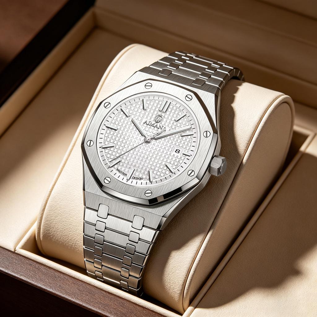 Men's Fashion Analog Quartz Wristwatch Octagonal Bezel Stainless Steel Band Calendar Dial Casual Dress Watch for Men