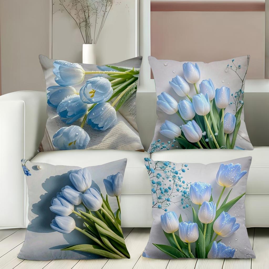 Pieces Blue Tulip Floral Throw Pillow Covers Polyester sofa decorative cushion cov Headboard Pillow (Without Pillow Core