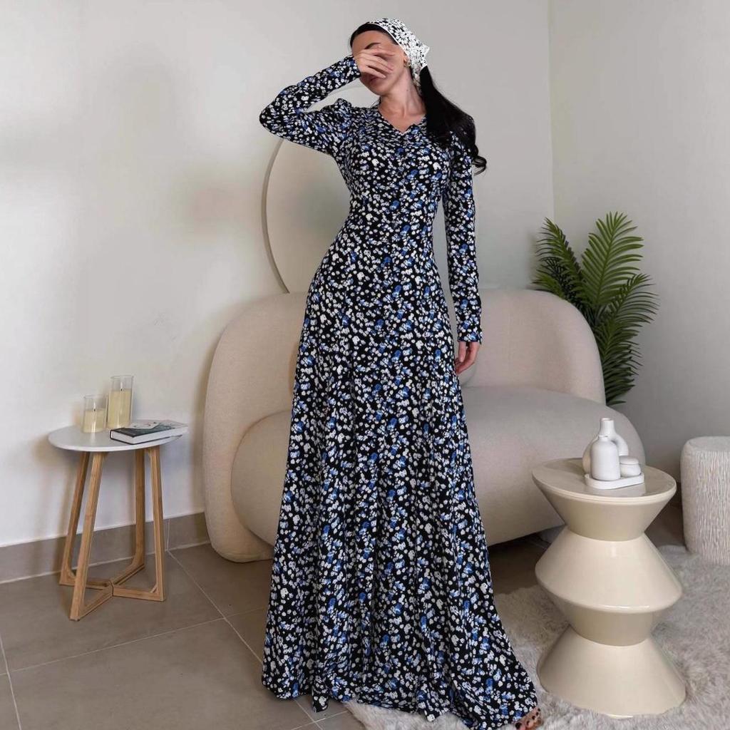 Elegant Retro Print Waist-Gathered Dress - Autumn 2025 Collection: European & American Style for Women