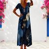 Women Plus Size V Neck Short Sleeve Printed Navy Blue Maxi Dress