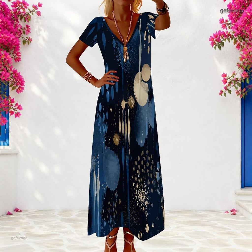 Women Plus Size V Neck Short Sleeve Printed Navy Blue Maxi Dress