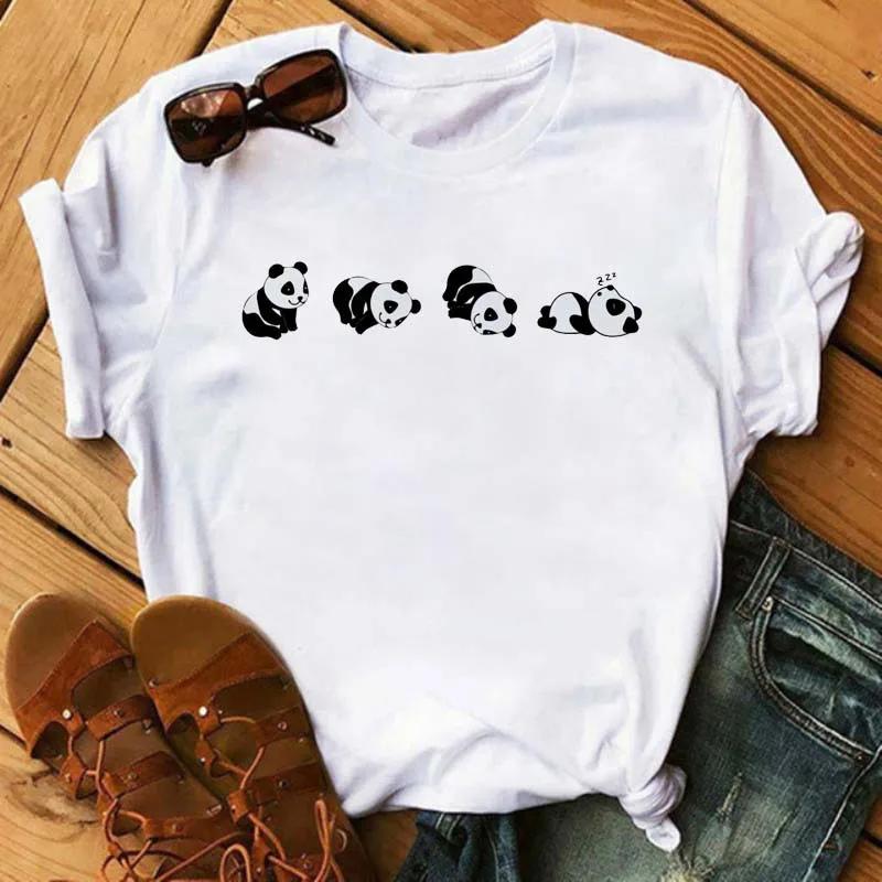 Cute Panda With Sunglasses Graphic Women T-Shirt Minimalist Black Line Animal Print Short Sleeve Casual Streetwear Tee
