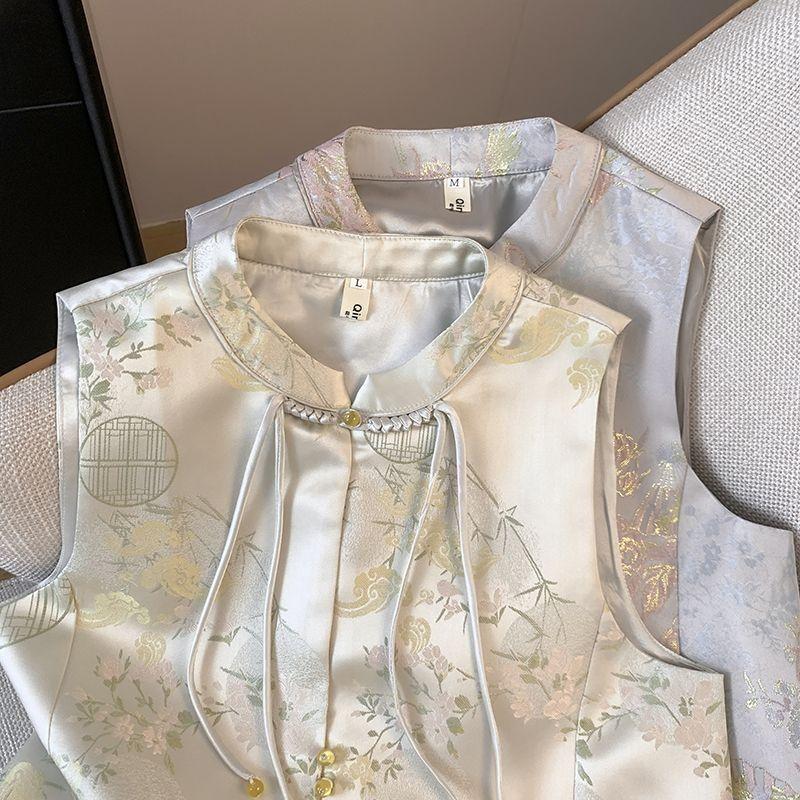 Spring fashion vest retro small round neck button embroidered vest cardigan women