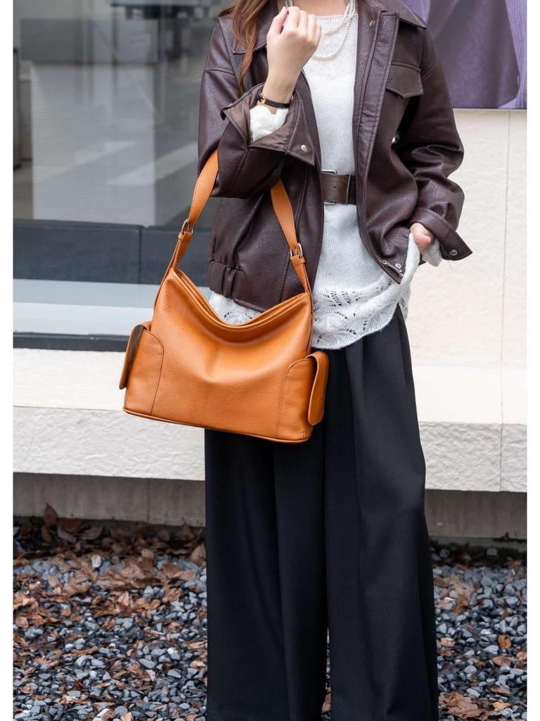 Vegetable Tanned Leather Women's Crossbody Tote - Soft, High-End Cowhide, Large Capacity, Underarm Design