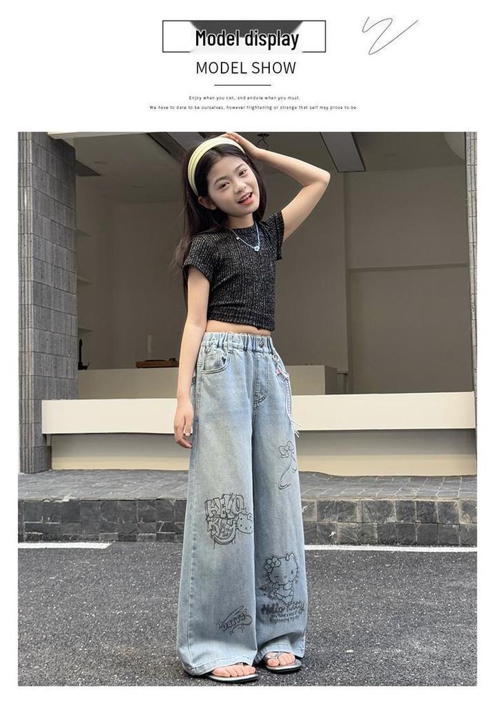 Girls' Retro Blue Graffiti Wide-Leg Jeans: Hand-Painted Loose-Fit Casual Pants