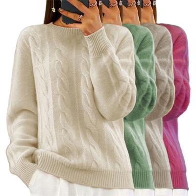 Yousheng Women Sweater Round Neck Long Sleeve Twist Texture Knitting Tops Solid Color Loose Fit Retro Pullover Tops