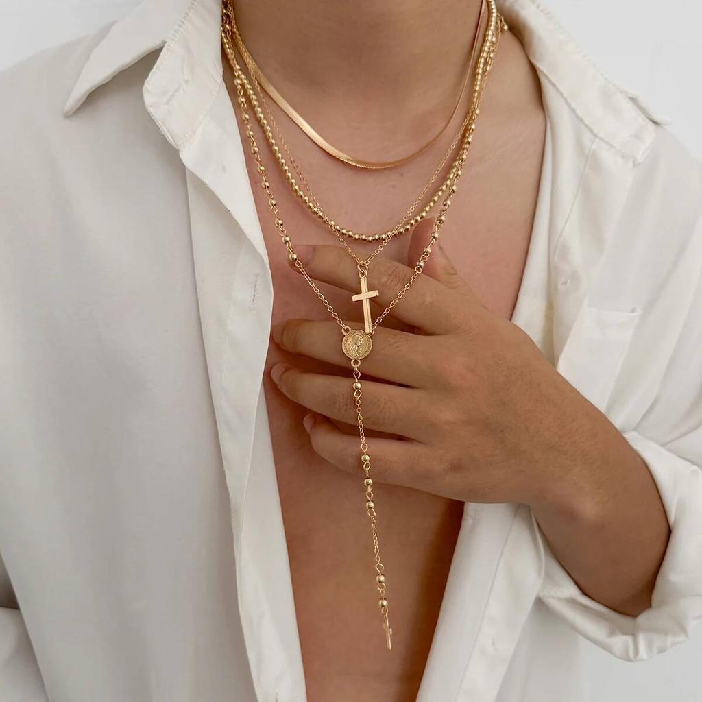 SHIXIN 4 Pcs/Set Trendy Jesus Cross Pendant Necklace for Men Gothic Multilayer Flat Snake Chain Beads Choker Necklace Male Gift