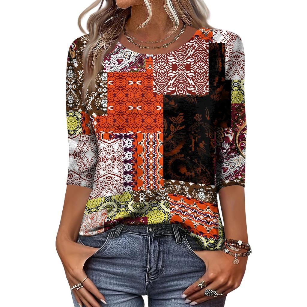 Damen Blume Muster Freizeit Drei Viertel Ärmel Rundhals Oberteil Leicht Bequem Bluse für den Alltag