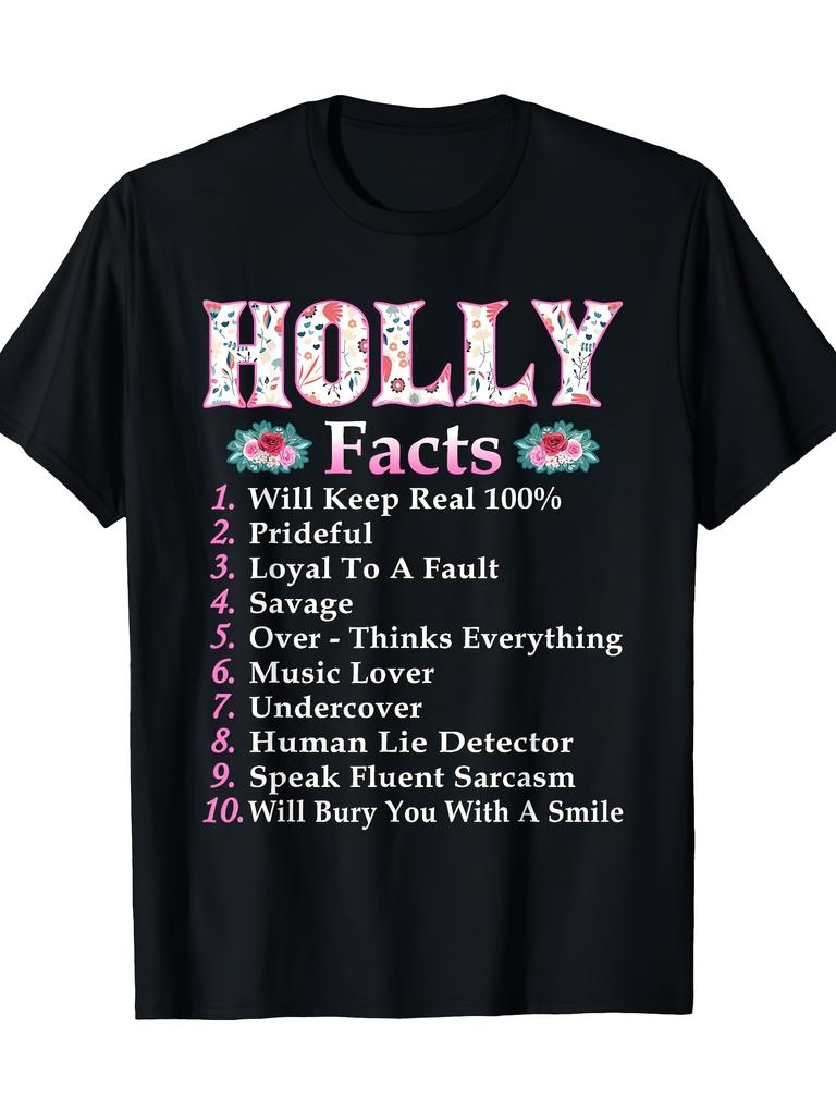 Unisex T-shirt Holly FACTS Floral Print T-Shirt - Casual Sporty Round Neck Shirt with Holly Berry Medium-Stretch Me