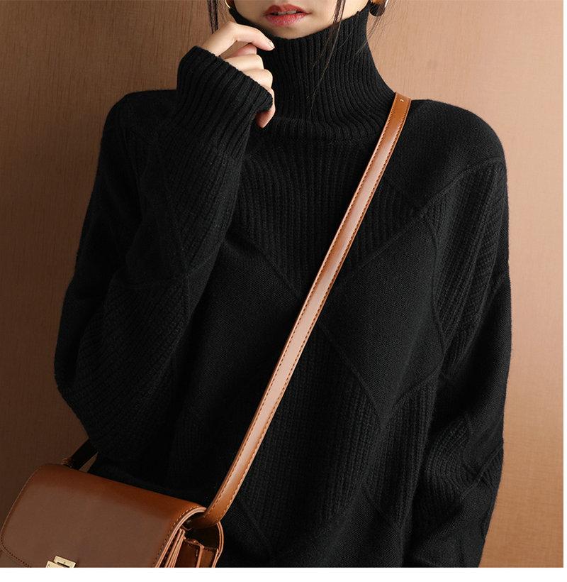 Women's Diamond Pattern High Neck Sweater - Loose Fit, Autumn/Winter Knitwear, Long Sleeve Outerwear, Korean Fashion Style.