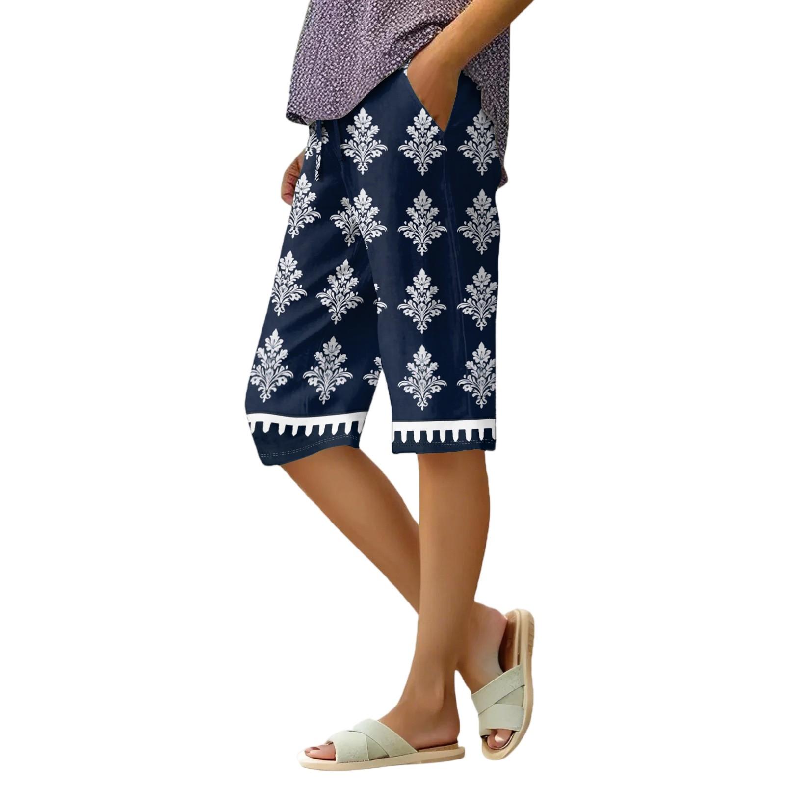 

Женские летние свободные шорты из хлопка и льна с эластичным поясом и цветочным принтом XL тёмно-синий