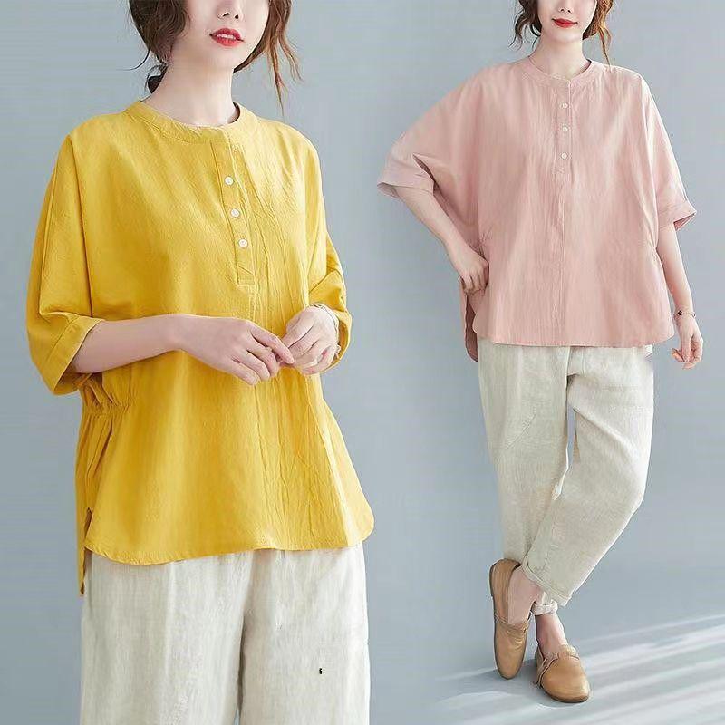 Chic 2025 Summer Linen Top & Shorts Set for Middle-Aged Women - Plus Size, Solid Color, Casual Short Sleeve