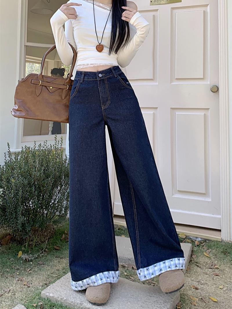 

Женские джинсы с высокой посадкой, американской вышивкой и бантом, весна 2025 - широкие, длиной в пол XL синий