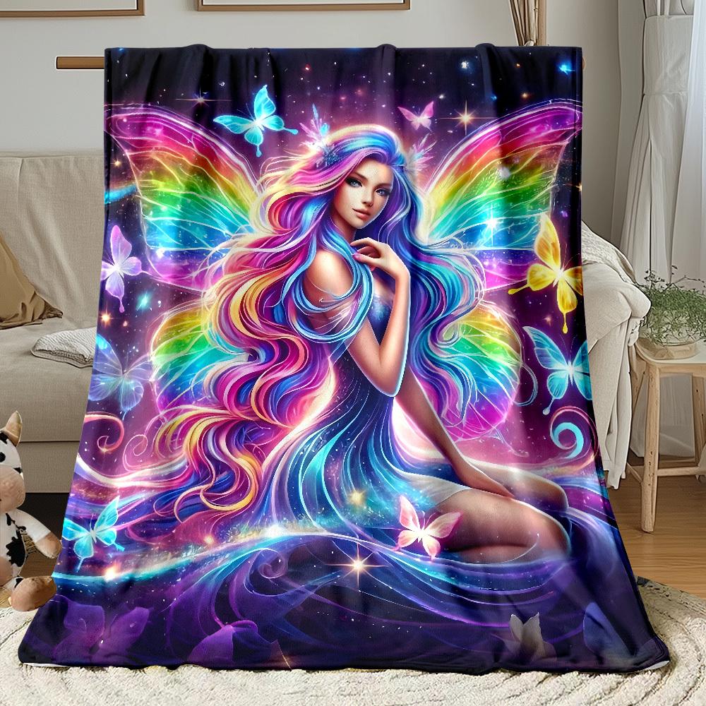 Winged Fairy Print Flannel Blanket Lightweight Soft Warm Throw For Camping Picnic Travel Bedroom Office Friend Family Gift