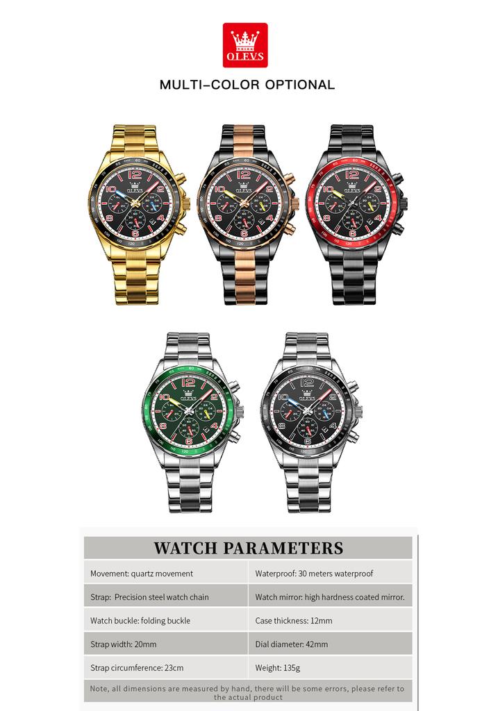 OLEVS TY714 Mens Watch Classic Fashion Original Quartz Chronograph Wristwatch Waterproof Stainless Steel Luminous Date With Box