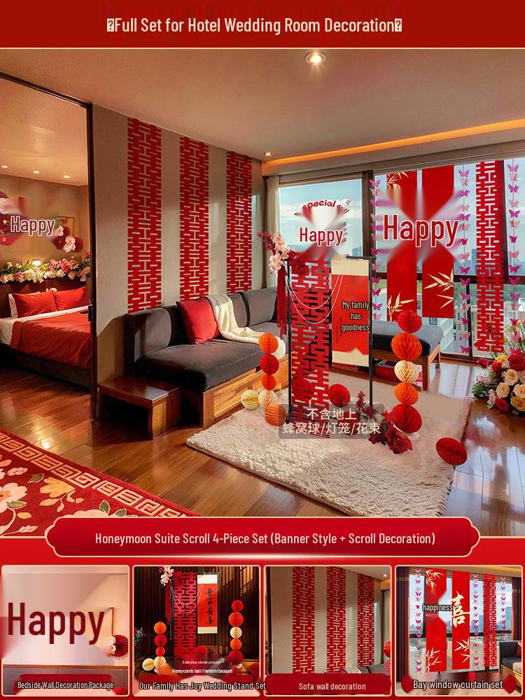Ensemble de Décoration de Chambre de Mariage Nuptial avec Double Bonheur Sans Trace pour Hôtels et Salons