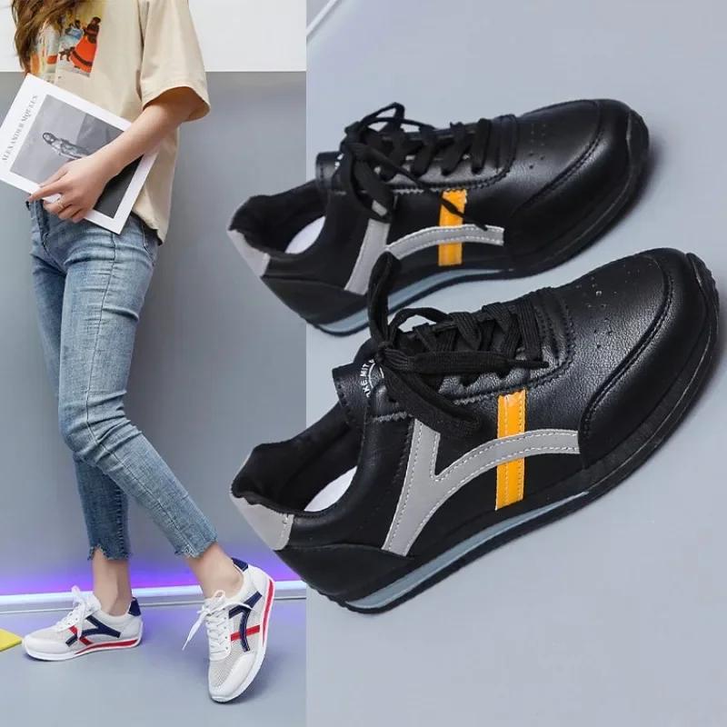 Fashion Striped White Sneakers Women New Leather Chunky Sports Shoes Thick Tennis Vulcanized Basket Platform Shoes Zapatos De Mujer