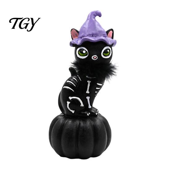 Creative Halloween Home Accents Pumpkin Witch Hat Black Cat Ornament, Resin Desktop Skeleton Festive Holiday Showcase Decor Statue, Cartoon