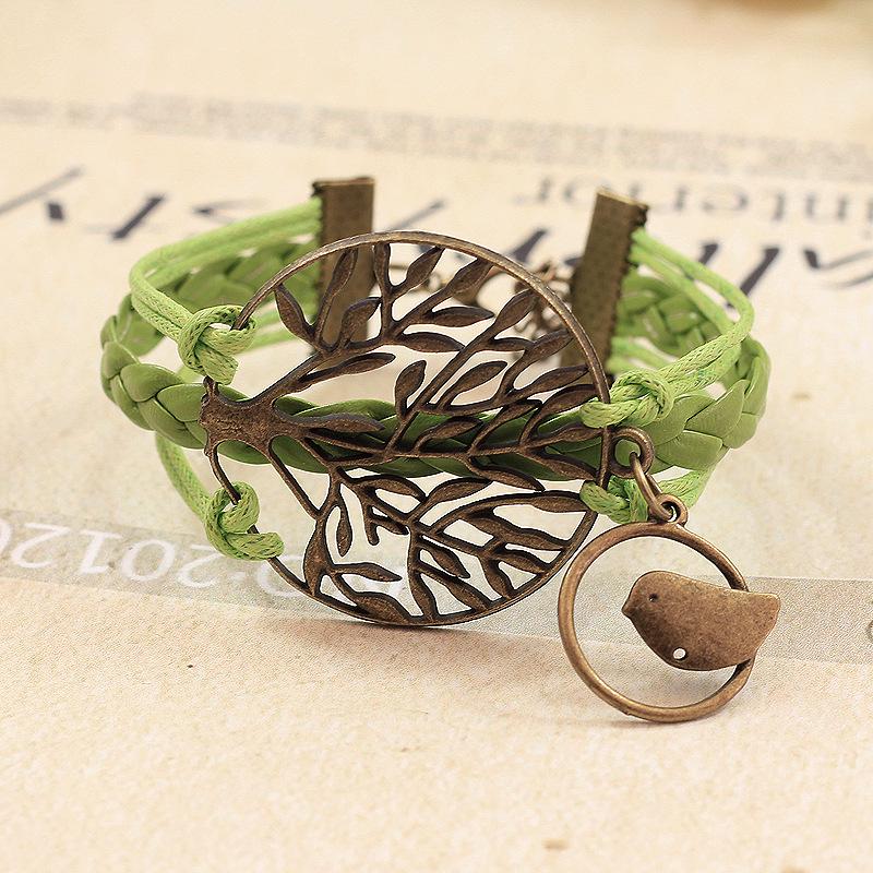 European-American Fashion Bracelet: Big Tree & Little Bird Natural Style, Adjustable PU Woven Rope Jewelry