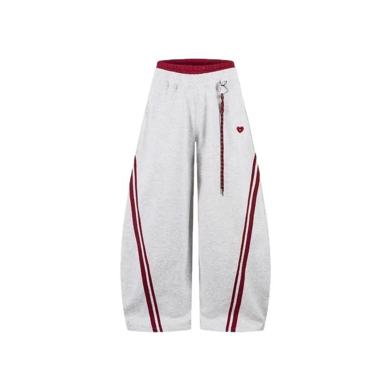 Unisex Streetwear Wide-Leg Cropped Sweatpants With Stripe Patchwork Heart Embroidery Loose Fit Casual Pants Dance Daily