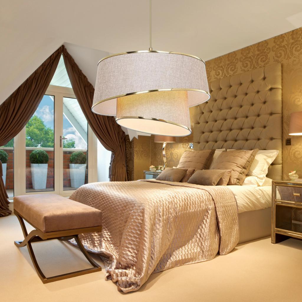 

Style Asymmetric Cake Chandelier Powder Fabric Gold Strip Bedroom Living Room Pendant Lamp