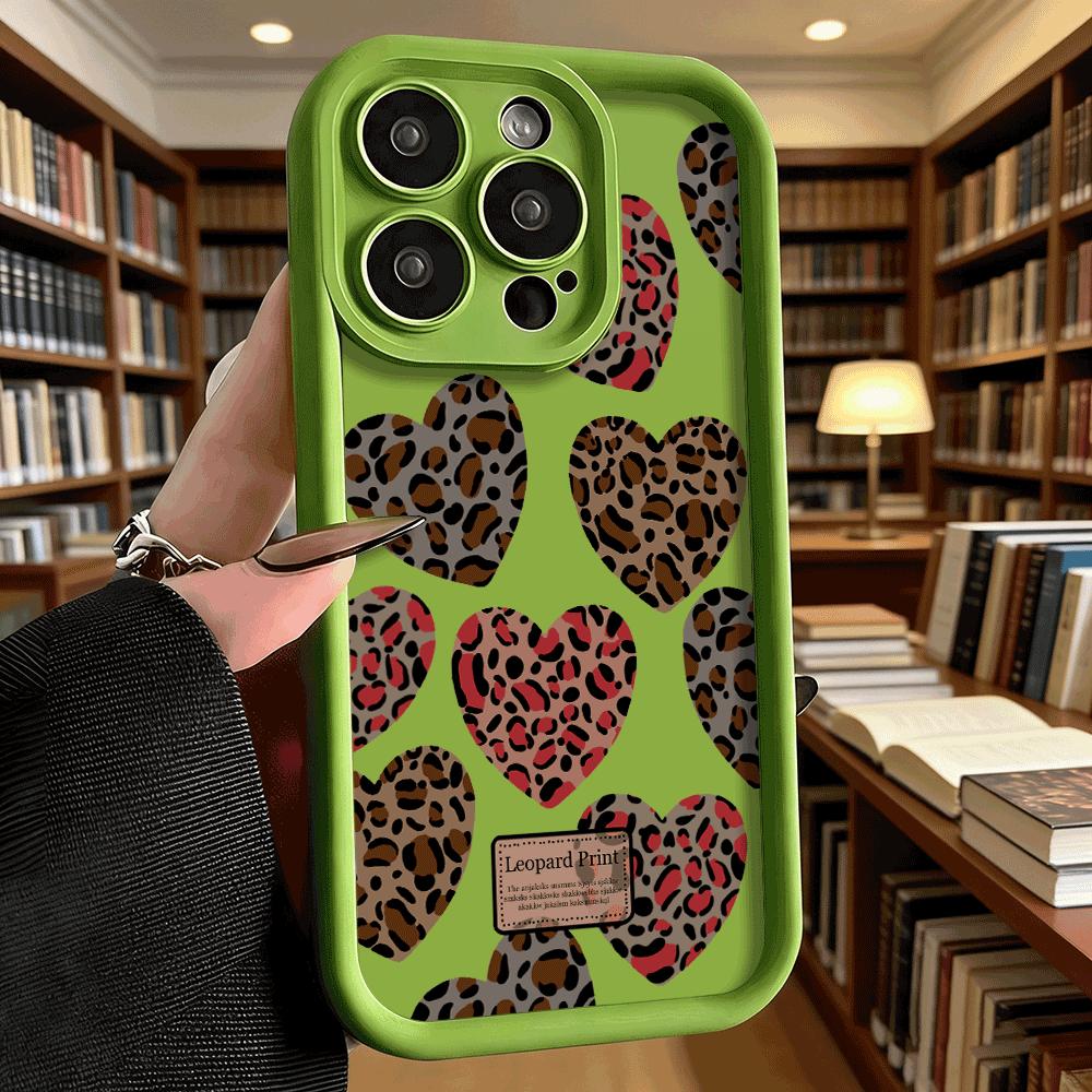 Leopard Print Heart Pattern Soft TPU Phone Case for iPhone 17 16 15 14 13 12 11 Pro Max Plus Shockproof Anti-Slip Cover