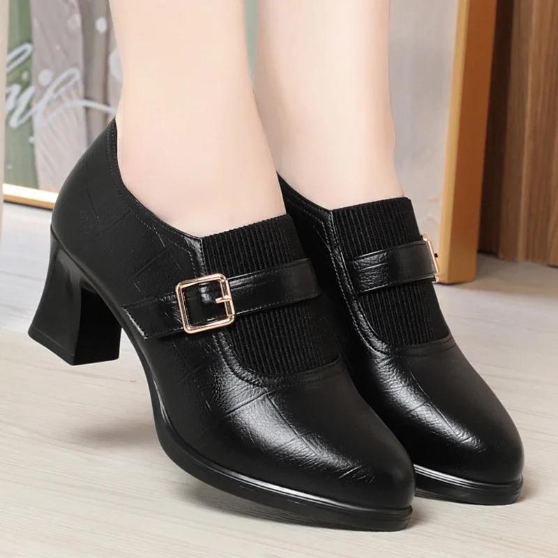 6cm Comfortable Deep Mouth Soft Leather Shoes Women Pumps 2025 Spring Med Block Heels Shoes for Office Mom Model Daily