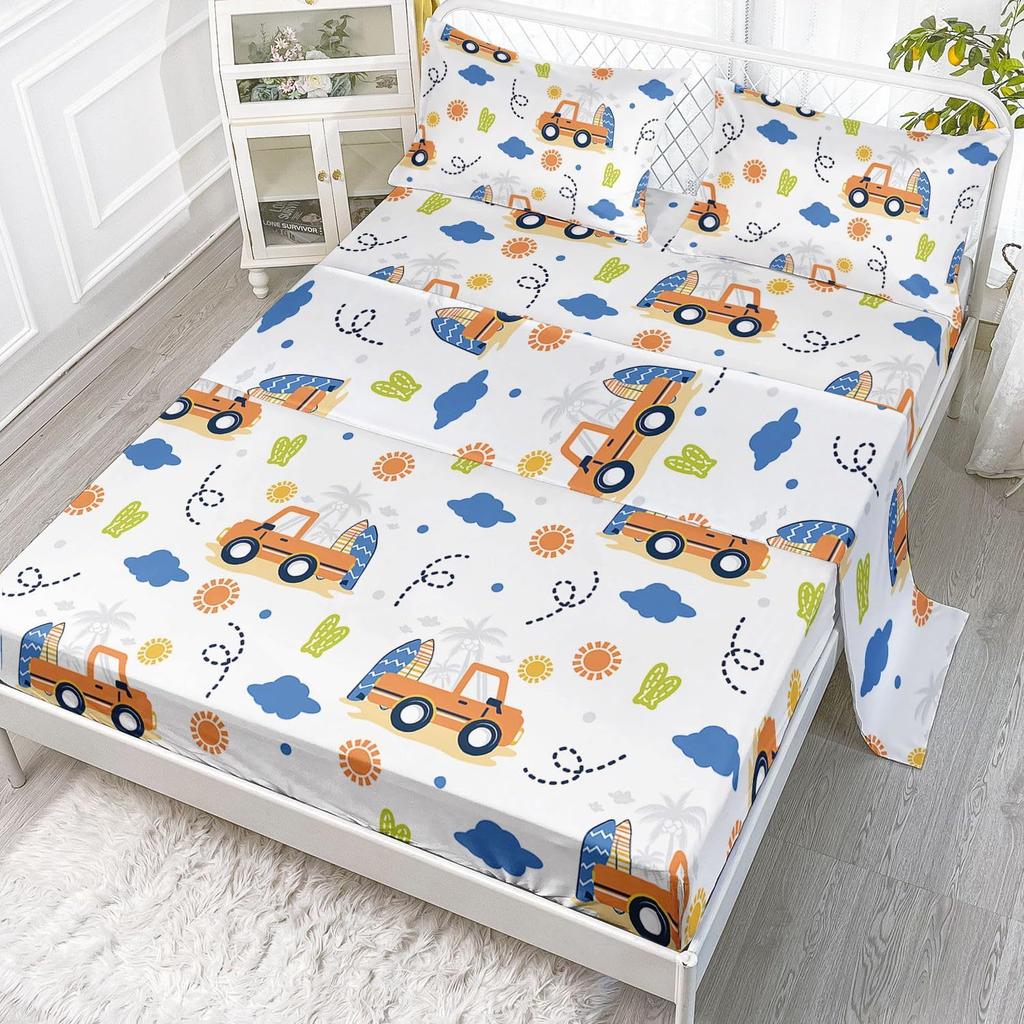 Cartoon Car Taxi Pattern Bed Hat Four-Piece Bedding Set Bedroom Dormitory Bedding Decoration