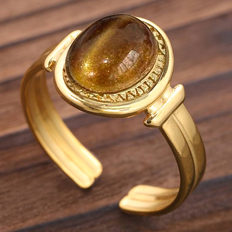 

Huitan Elegant Women Gold Color Opening Ring Imitation Tiger Eye Stone Bohemia Style Party Daily Charming Accessories Zircon resizable
