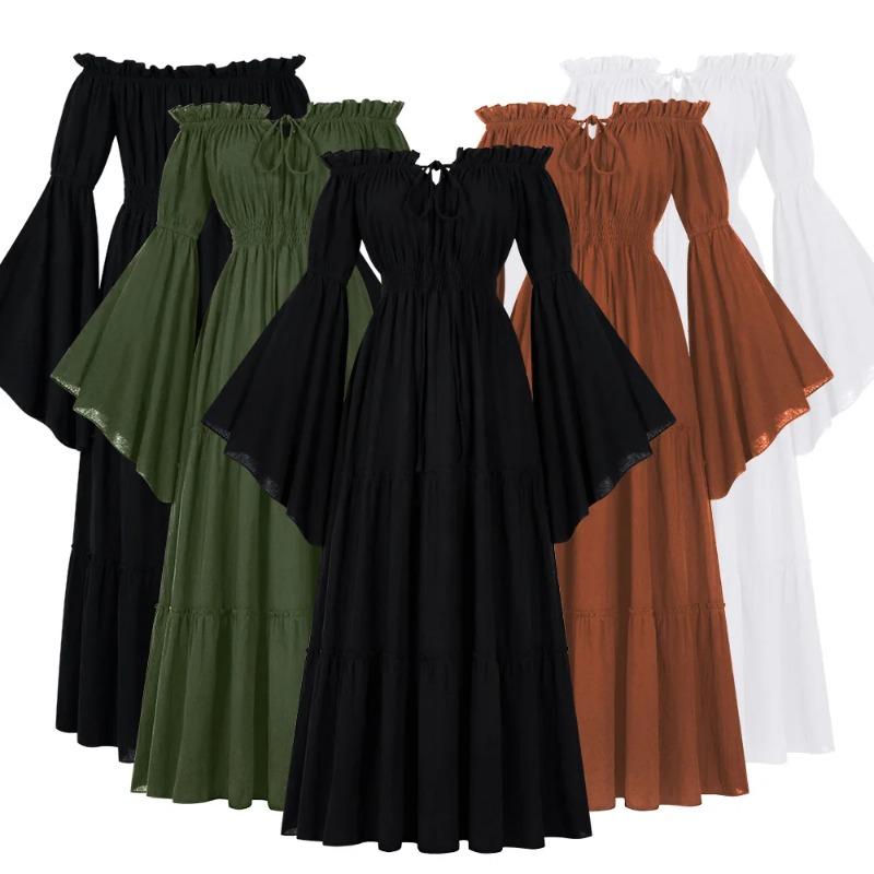Women Medieval Vintage Dress Off Shoulder Ruffle Long Renaissance Victorian Dresses Cosplay Retro Gown Halloween