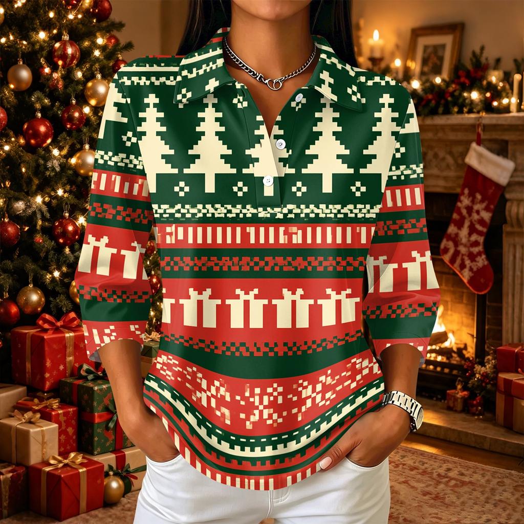 Damen Freizeithemd mit 3/4 Ärmeln, Kragen und Knopfleiste mit Weihnachtsdruck
