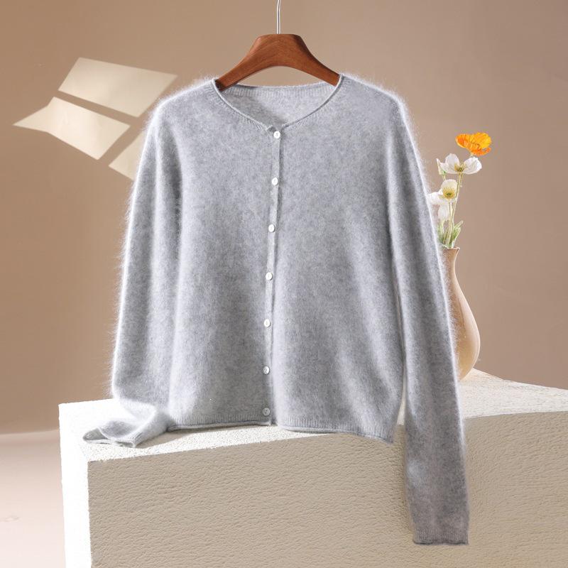 2026 Autumn/Winter Women's Cashmere Wool Round Neck Cardigan - Long Sleeve, Solid Color, Rolled Edge, Brushed Wool Sweater