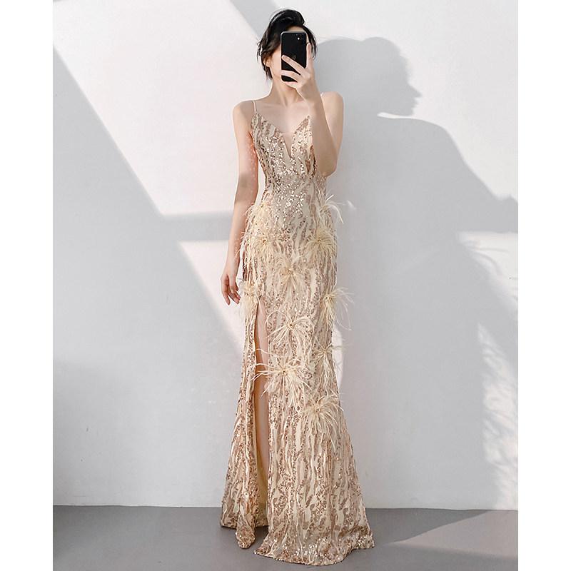 European and American champagne evening dress women's   new sequined banquet temperament sexy suspender host fishtail skirt