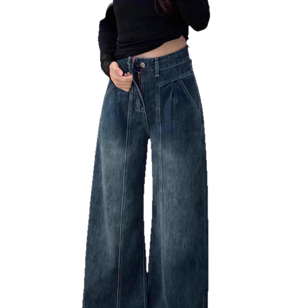 Pear-shaped body straight jeans women's autumn and winter new retro high-waisted fat MM loose wide-leg trousers