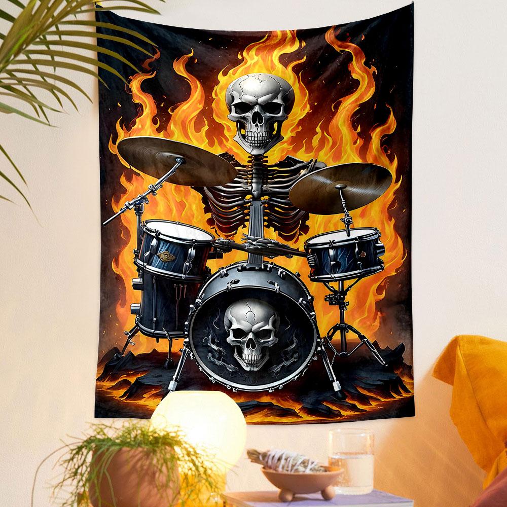 "Skeleton Drummer with Flaming Background" Patterned Tapestry Home Decor, Suitable for Bedroom and Living Room, Gift