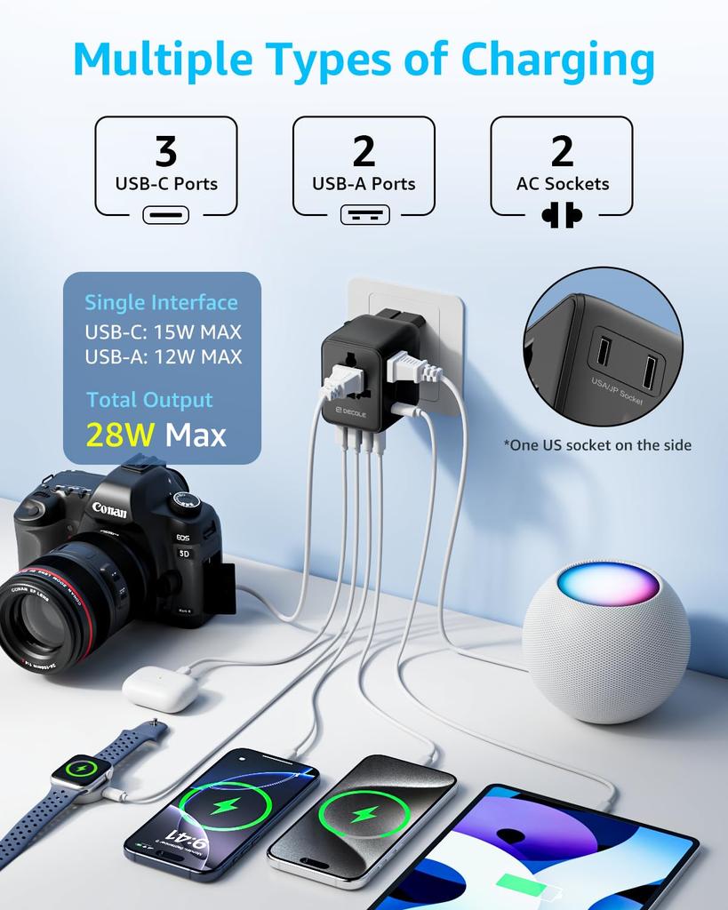 Decqle International Adapter Plug Outlet Converter with 3 2 Ports an Additional AC Simultaneous Worldwide Compatible with Countries Including the and