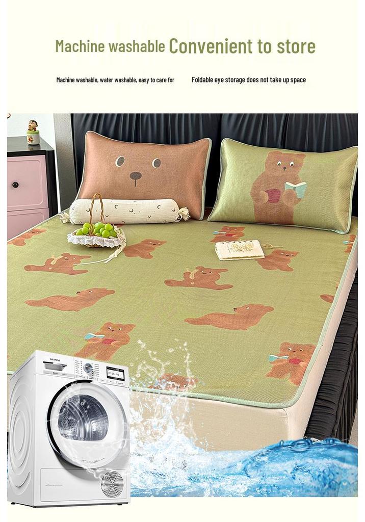 Green Little Bear Ice Silk Cooling Mat Set: Washable, Foldable, Soft - Free Shipping