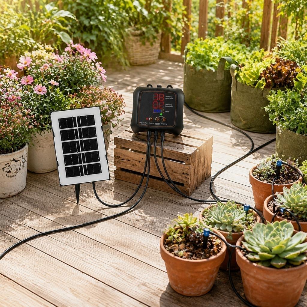Solarbetriebenes Tropfbewässerungsset für 12 Pflanzen mit digitalem Zeitschaltuhr-Controller und verstellbarem Bewässerungssystem, geeignet für Garten und Außenbereich