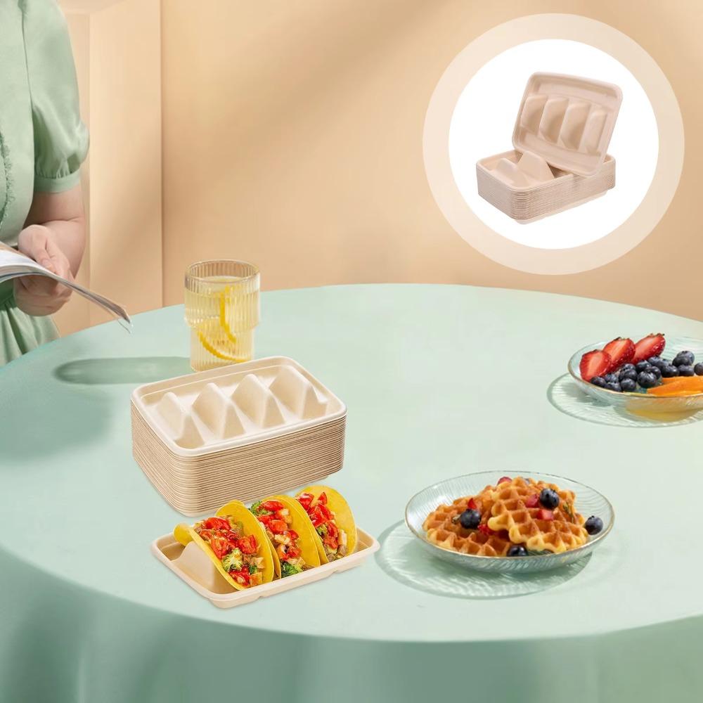 50Pcs 3 Compartments Disposable Taco Plates with Lid Taco Serving Tray Taco Holder  Restaurant