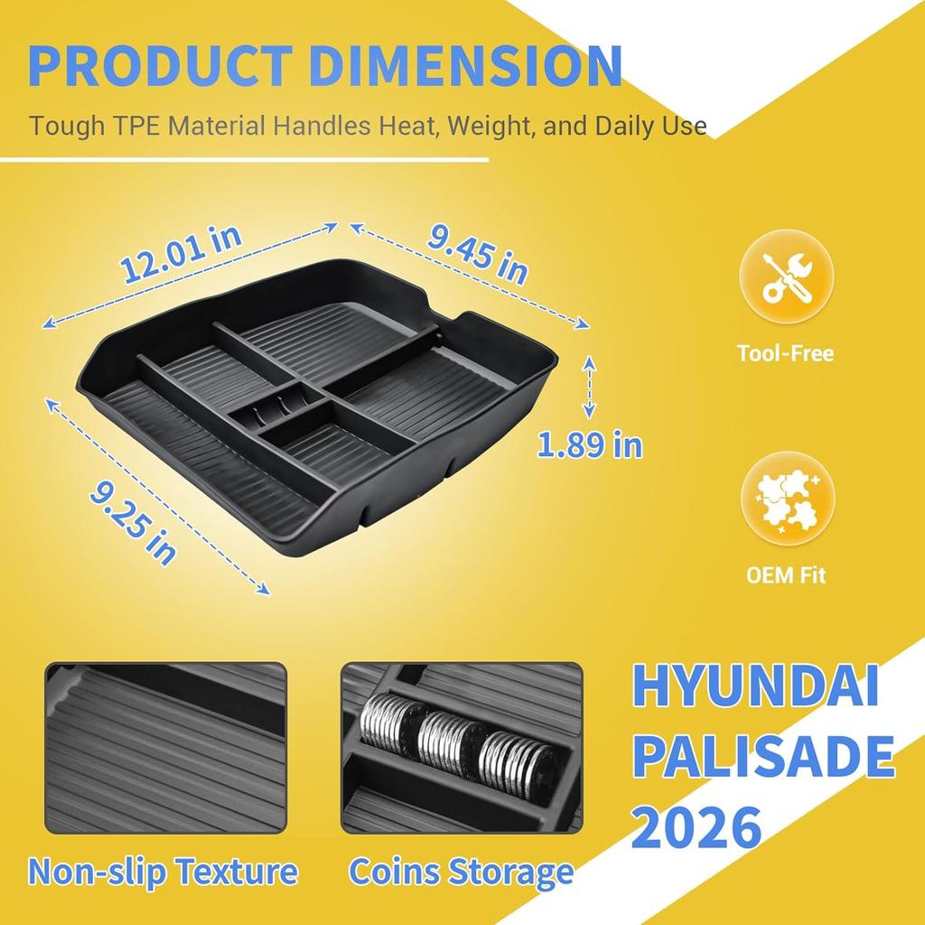 2026 Palisade Lower Center Console Organizer Tray Compatible with Hyundai Palisade 2026 Accessories – -Fit TPE Under Console ert Storage Pallet