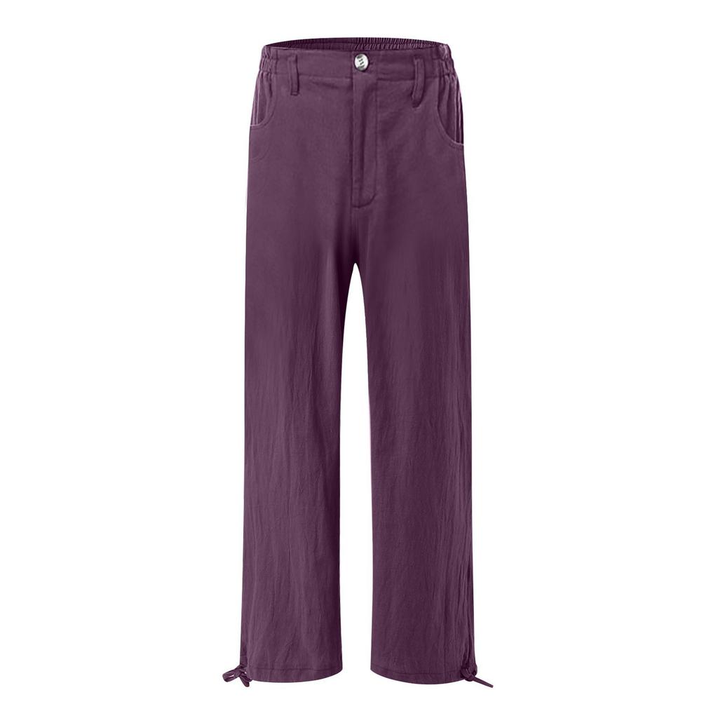 Zomer Katoenen Linnen Wijde Pijpen Broek Vrouwen Losse Palazzo Broek Zak Elastische Taille Knoop Casual Broek
