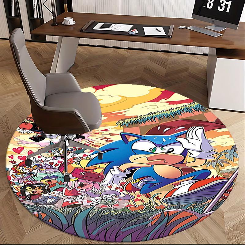 1pc Sonic the Hedgehog Anime Cartoon Design Round Carpet Office Chair Mat, NonSlip Rug for Home Decor, Living Room