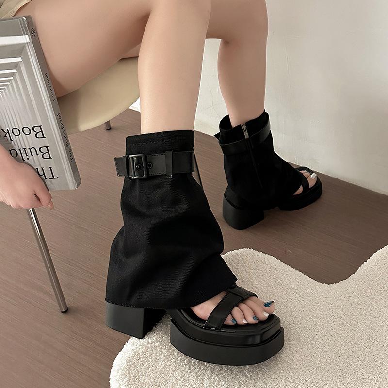 Fashion versatile two wear open-toed high-heeled cool boots, wear 2025 spring new sandals thick-heeled thick-soled trousers, boots tide