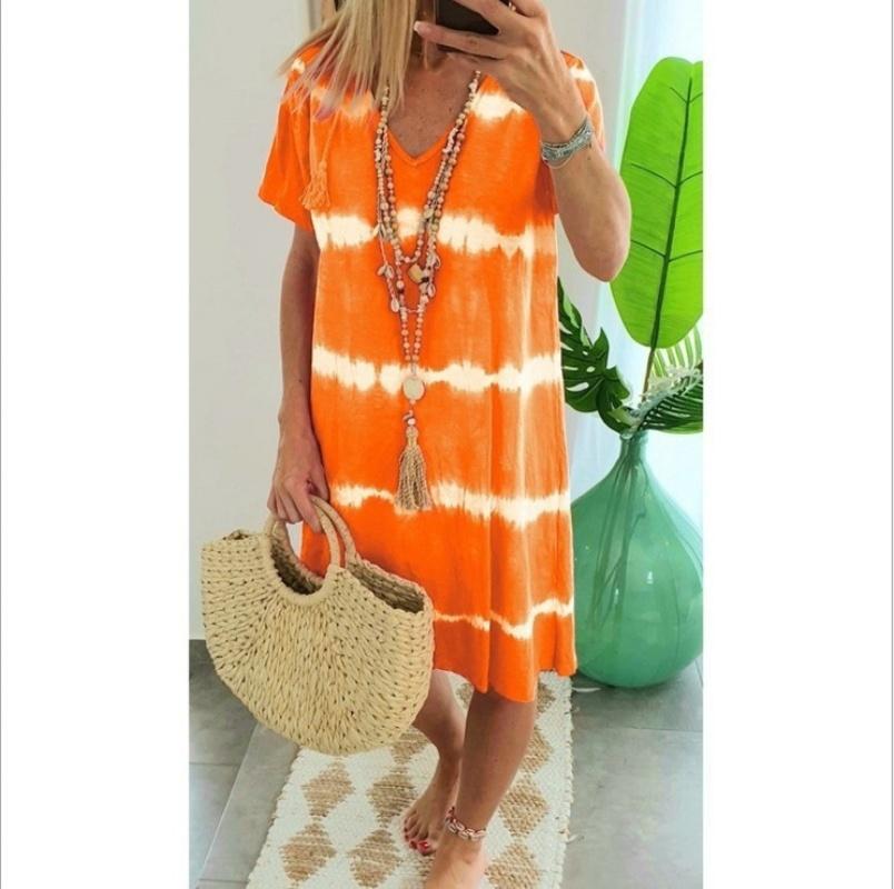 Short Sleeve Beach Tie Dye Printed Pullover Dress Women Summer V Neck Dress Loose Casual Pullover Midi Dress